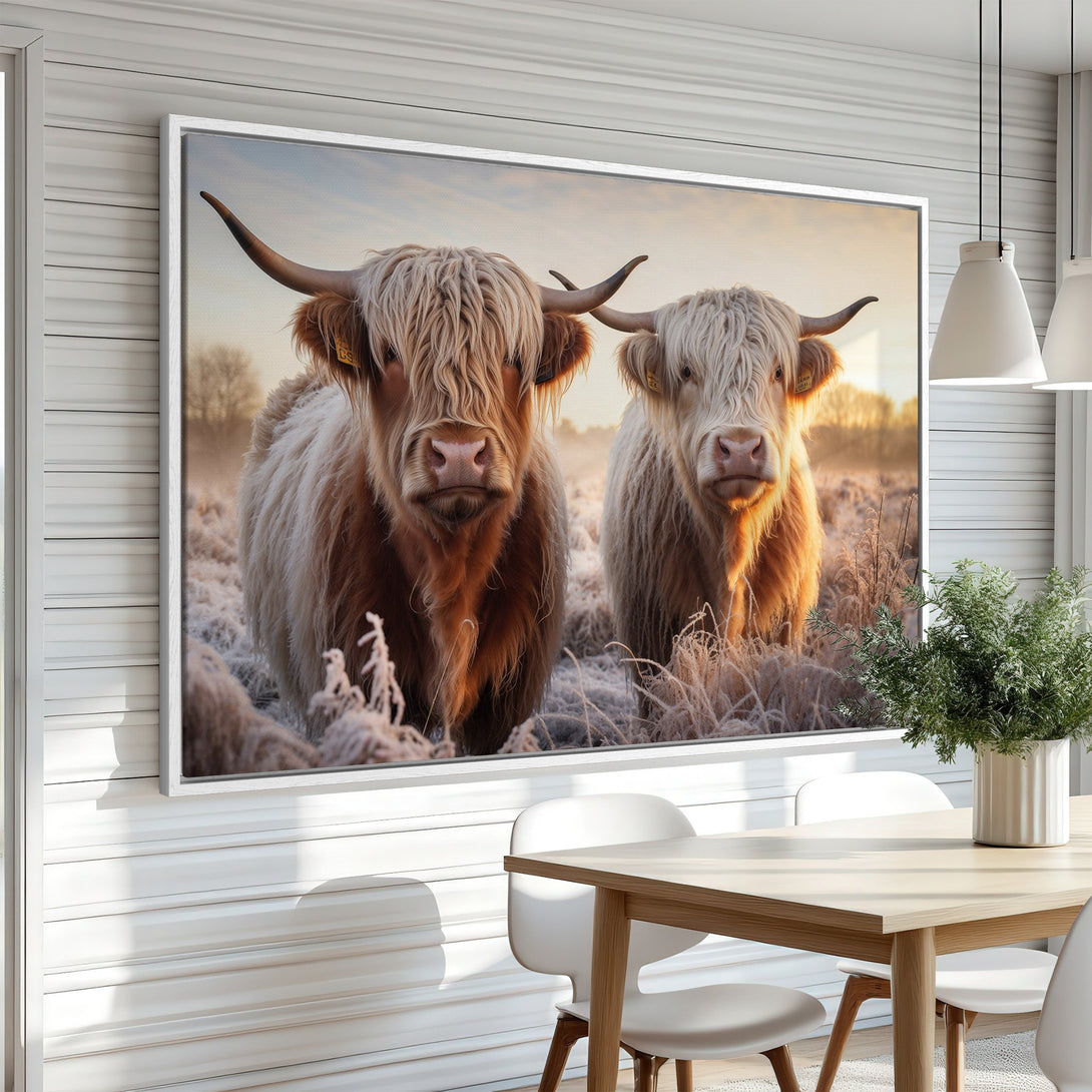 Framed Wall Art featuring two Highland cows in a field, warm tones of brown and gold. Rustic style canvas print adds cozy charm to any room.