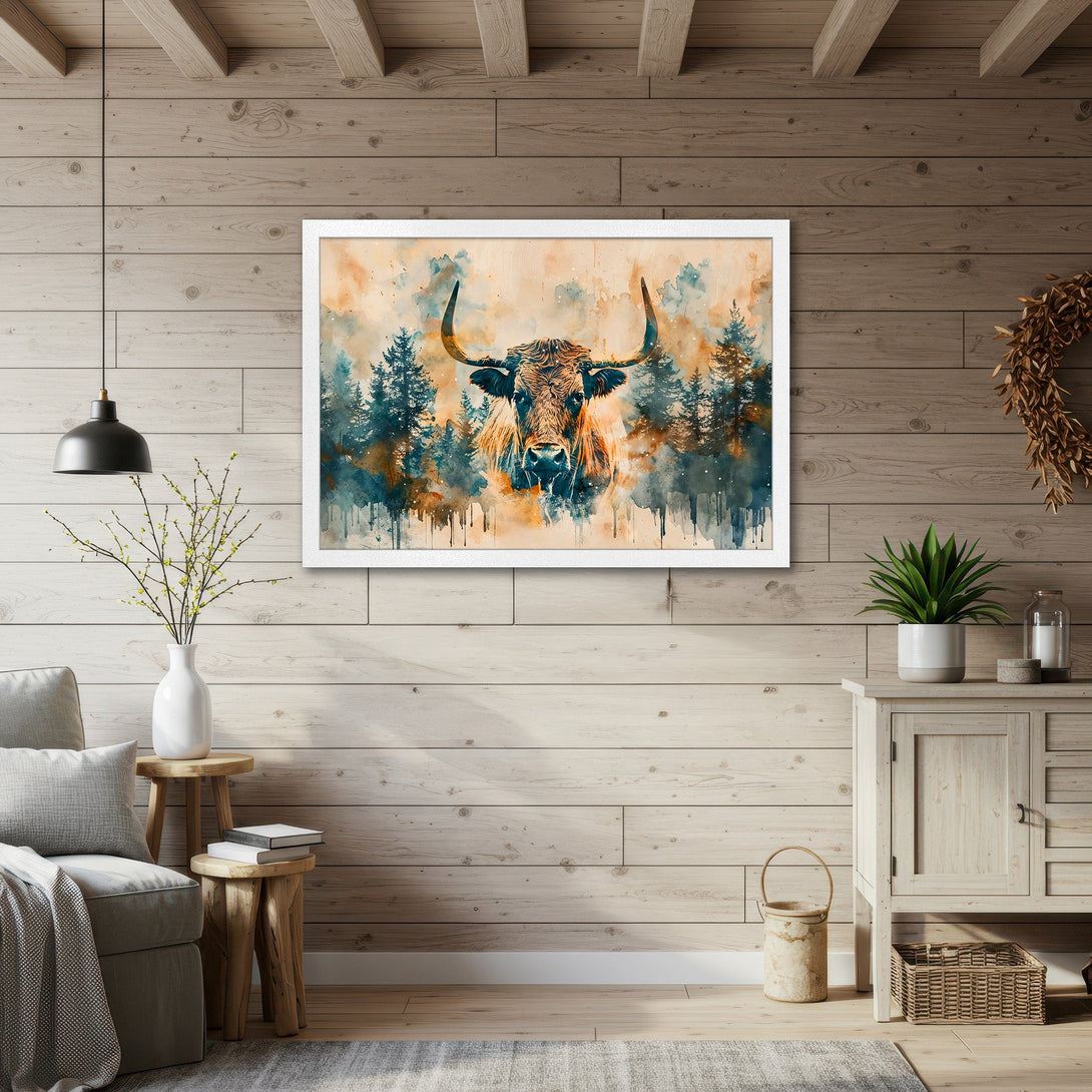Framed Poster featuring a watercolor Highland cow in a forest scene. Earthy tones and rustic style, perfect wall art for your home.