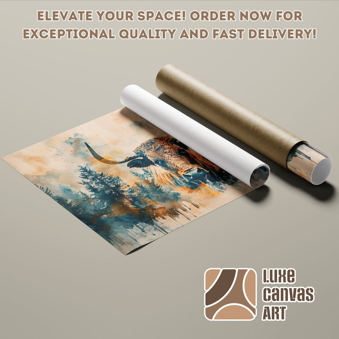 Poster Roll featuring a watercolor highland cow art print in a blue, brown, and beige palette.