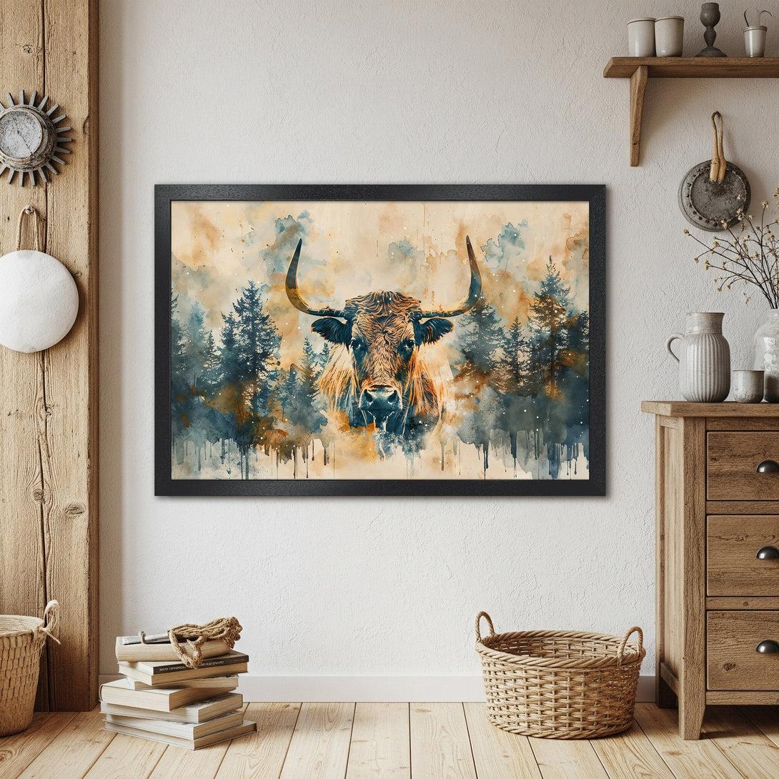 Framed Poster featuring a watercolor style bull in a forest, with a warm and cool color palette. Perfect wall art!