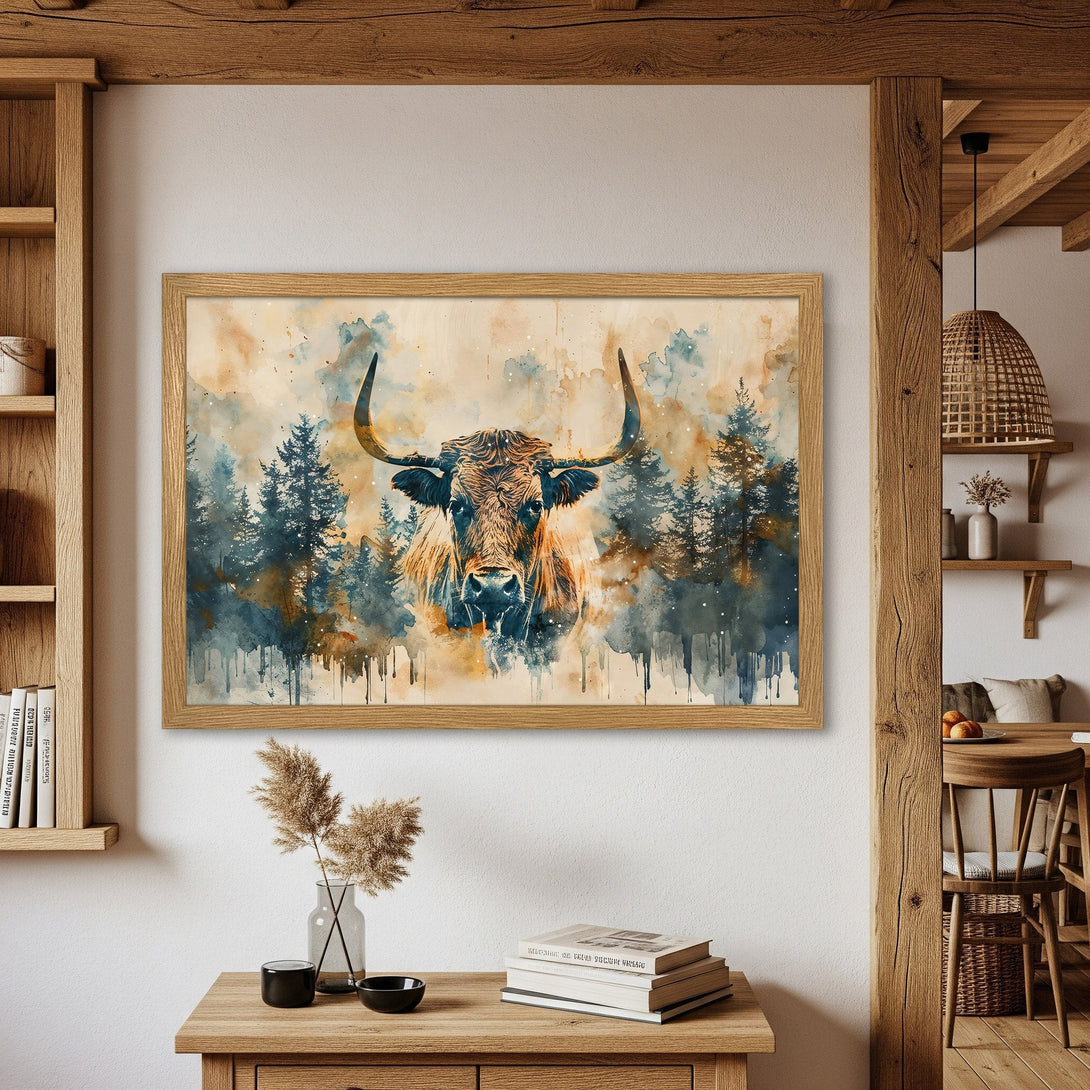 Framed Poster featuring a watercolor bull in a forest, warm earthy tones with blue accents, perfect for rustic decor.