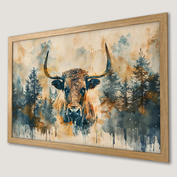 Framed Poster of a watercolor bull in a forest. Earthy tones of brown, blue, and beige. Perfect wall art!