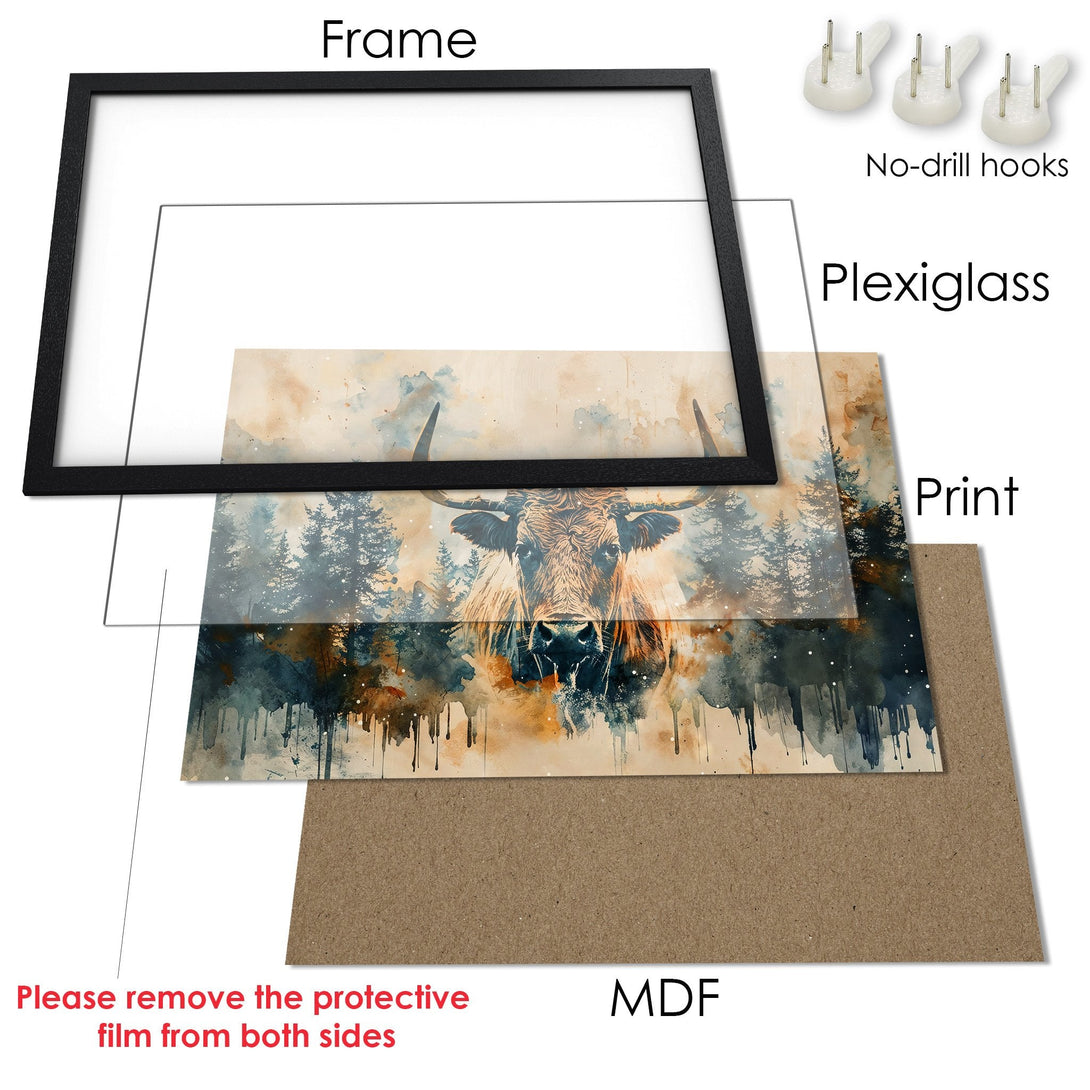 Framed Poster featuring a watercolor highland cow, earthy tones, and a black frame. Perfect wall art!