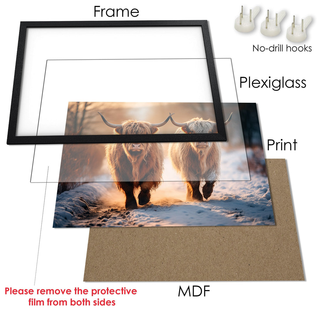 Framed Poster featuring Highland cows in a winter landscape. Warm, natural tones. Perfect wall art for any home.