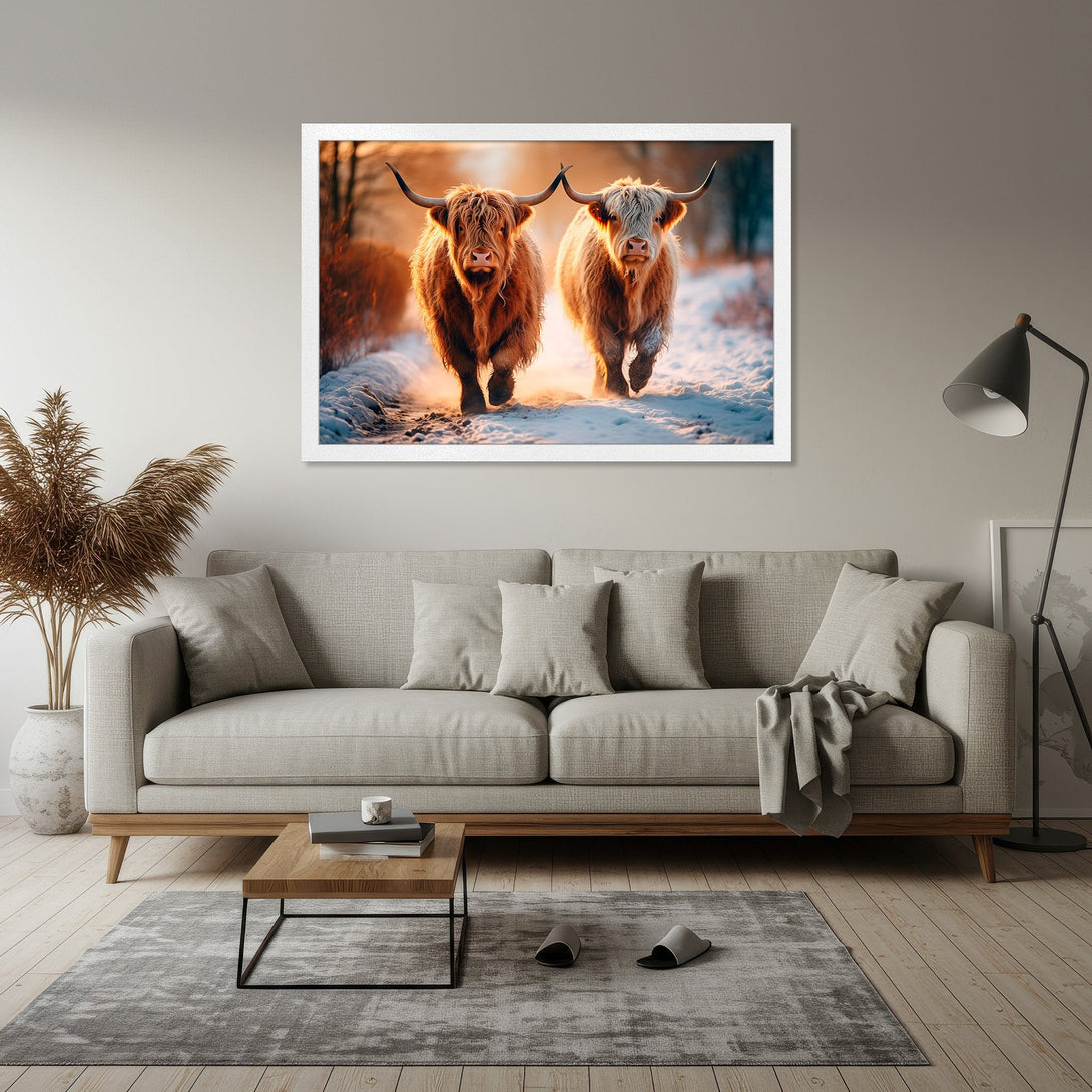 Framed Poster featuring Highland cows in a snowy landscape. Warm, golden color palette. Rustic art for your home.