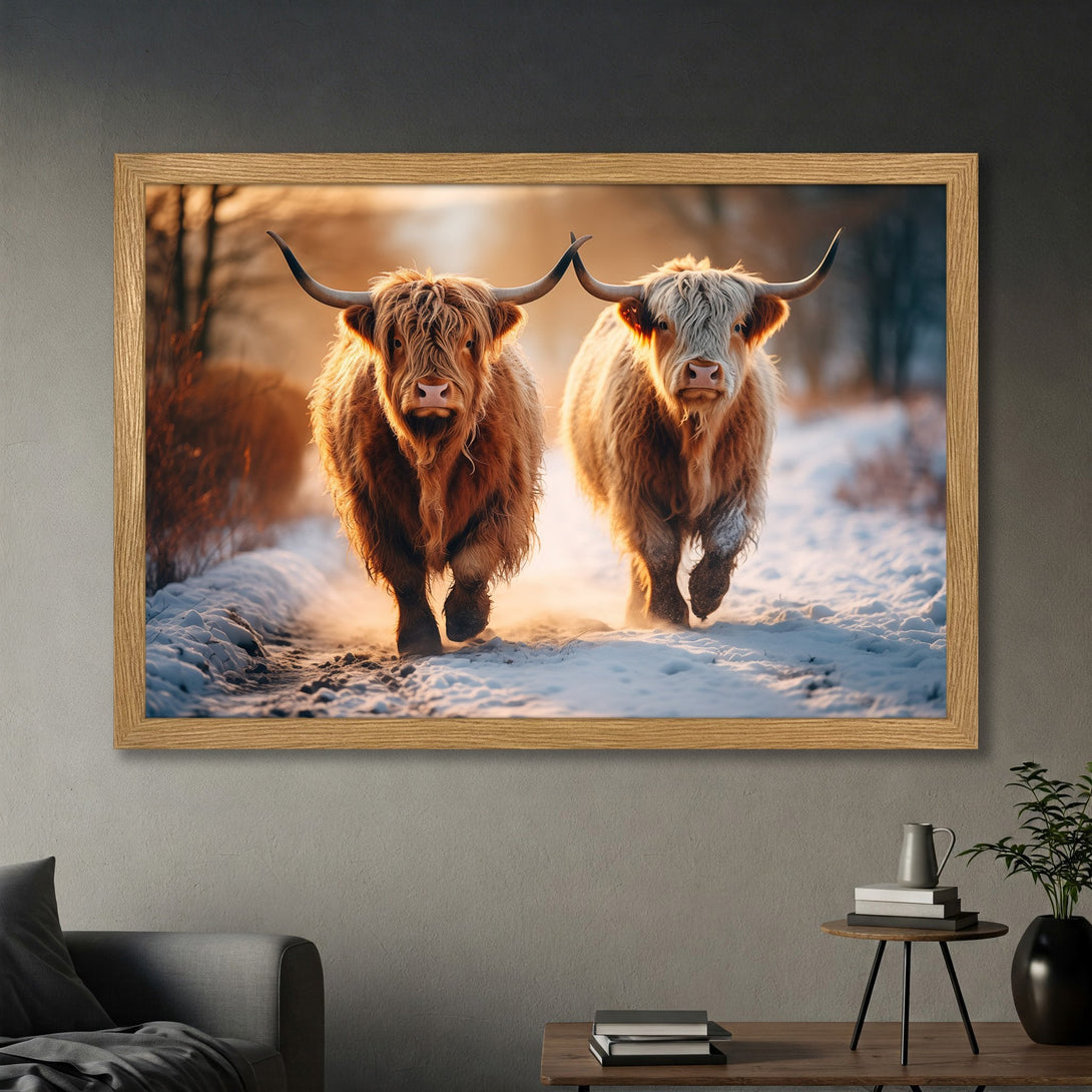 Framed Poster featuring Highland cows in a snowy landscape. Warm, rustic style with a natural color palette. Perfect wall art for a cozy home.
