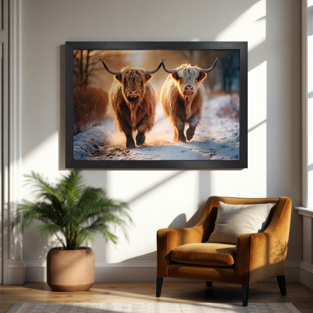 Framed Poster of Highland Cows in a snowy landscape. Warm, natural tones. Rustic home decor.