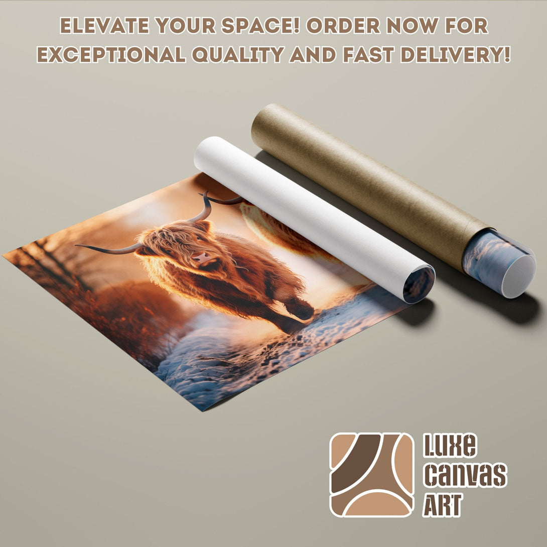 Highland cow poster roll art print in warm tones. Elevate your space with this stunning poster!