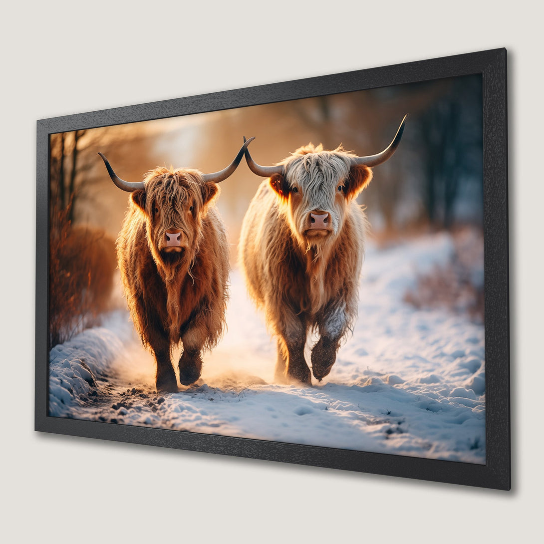 Framed Poster featuring two Highland cows in a snowy landscape, warm tones, rustic style, perfect for home decor.