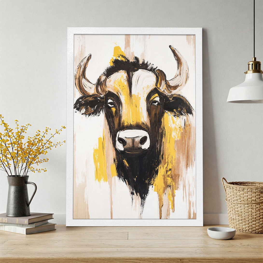 Framed Poster of a bull in abstract brushstroke style. Features a yellow, black, and brown color palette. Perfect wall art for your home.