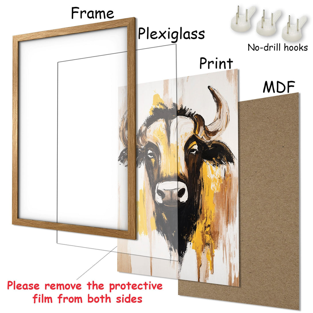 Framed Poster featuring an abstract bull painting in a warm, earthy color palette. Modern art for your home!