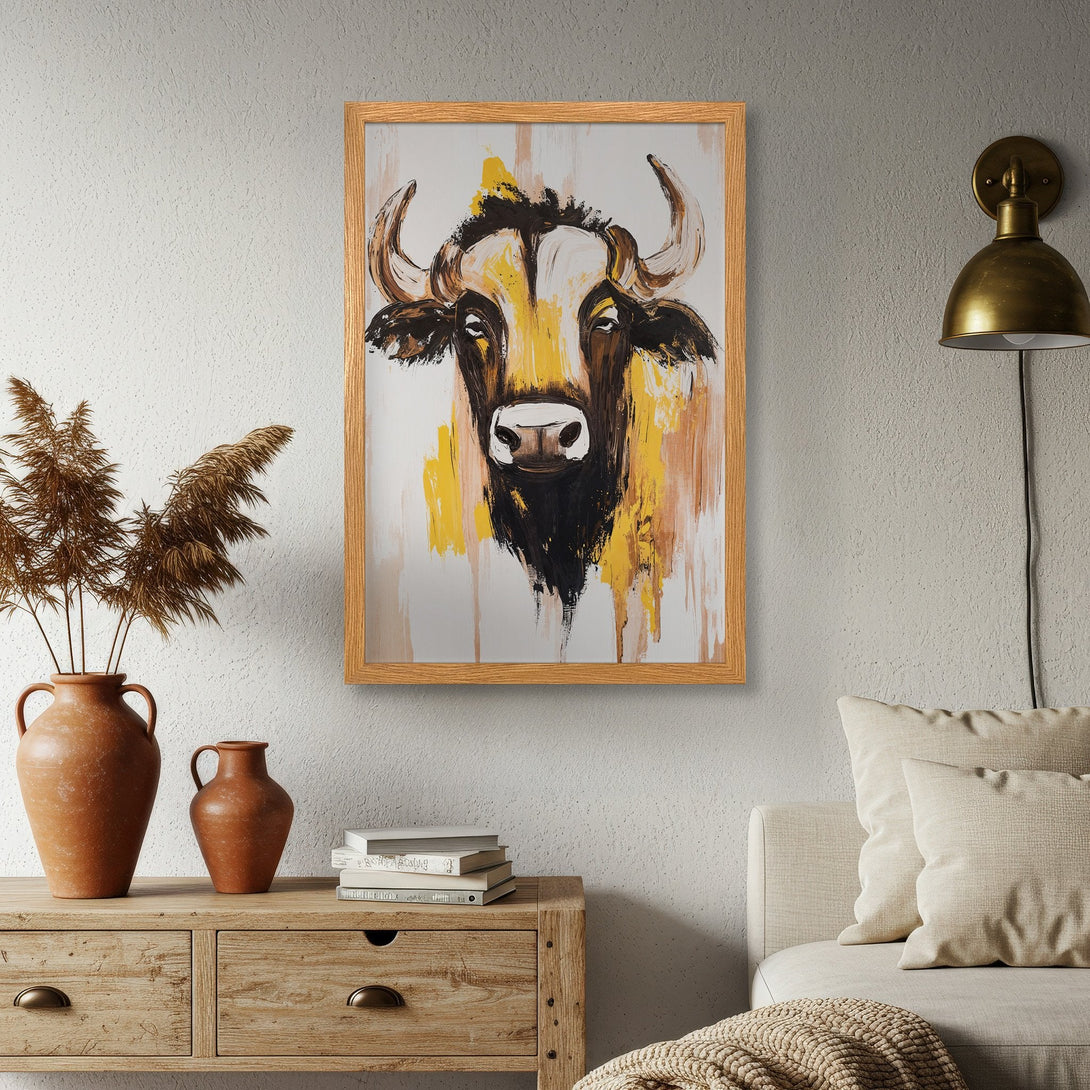 Framed Poster featuring a bull in an abstract style with a warm yellow, brown, and white color palette, perfect for home decor.