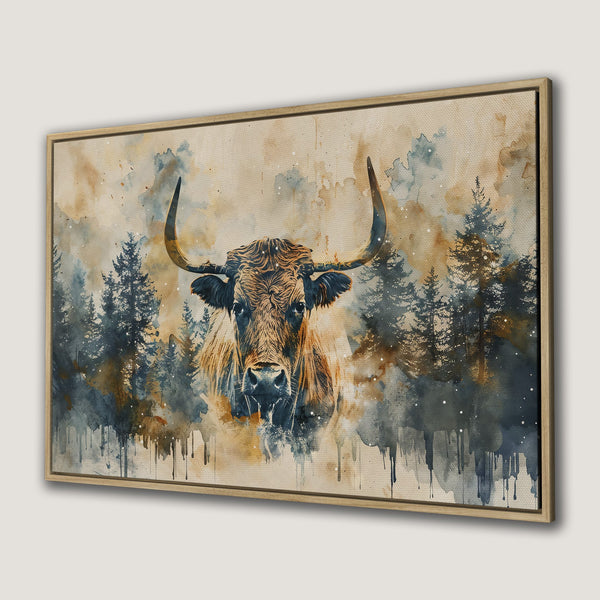 Framed Wall Art featuring a watercolor bull in a forest. Earthy tones of blue, brown, and gold create a rustic, artistic aesthetic. Perfect for home decor.