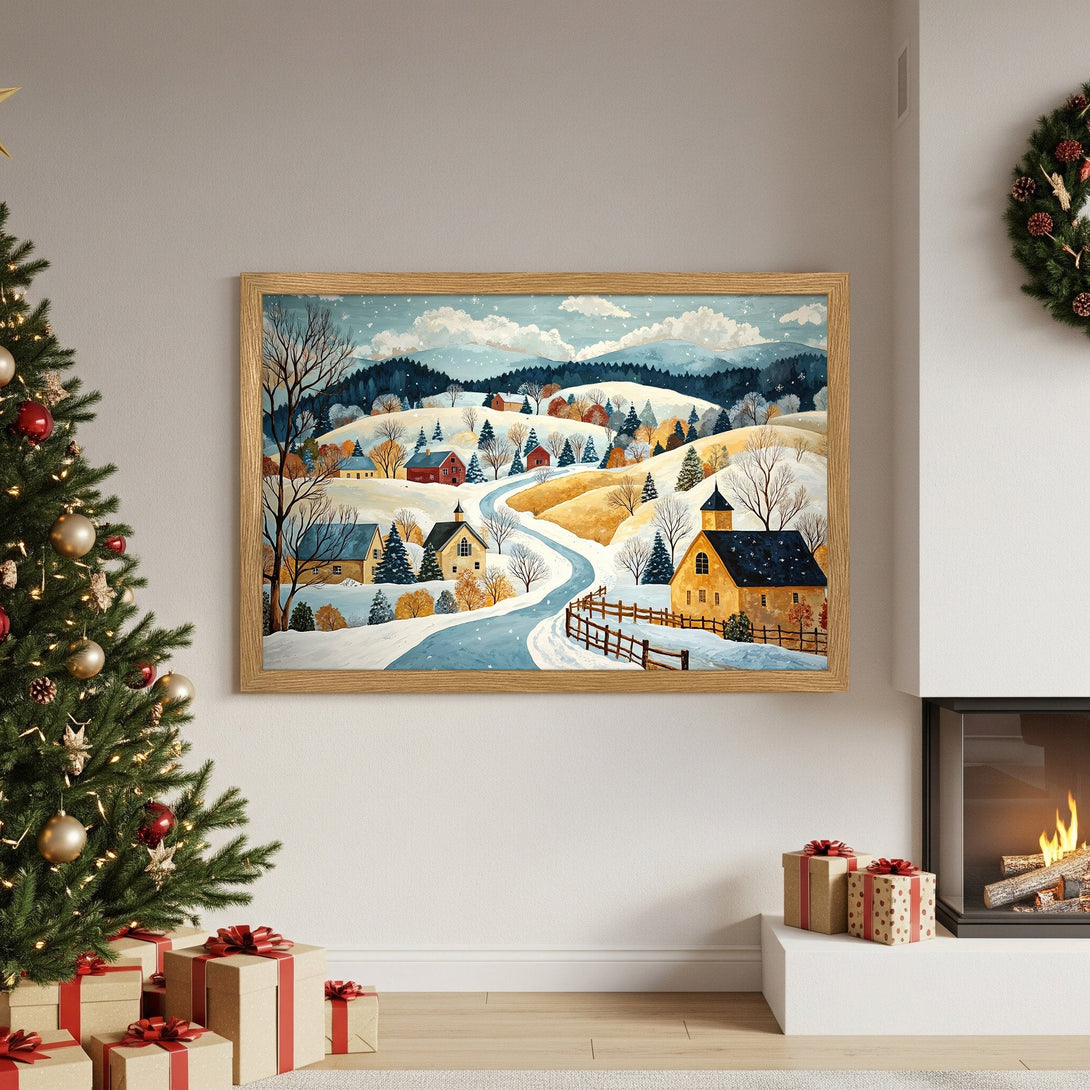 Framed Poster of a winter landscape in watercolor style. Featuring a snowy village with blue, yellow, and white hues. Perfect holiday decor!