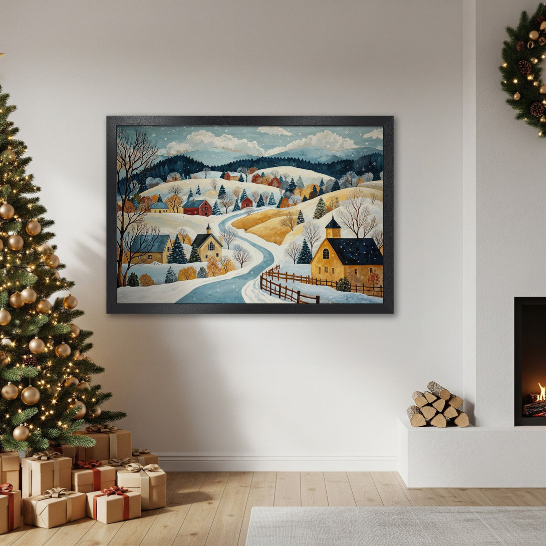 Framed Poster of a winter landscape in watercolor style, featuring a snowy village. Soft blue, beige, and red color palette. Perfect holiday decor!