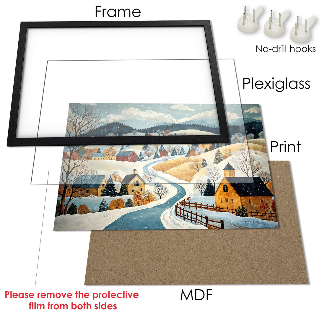 Framed Poster featuring a winter landscape painting in a warm, inviting color palette. Perfect for adding a cozy touch to your home!