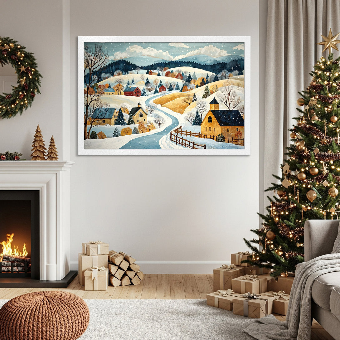 Framed Poster featuring a winter landscape scene. Cozy watercolor style with a muted blue, brown, and white color palette. Perfect holiday decor!