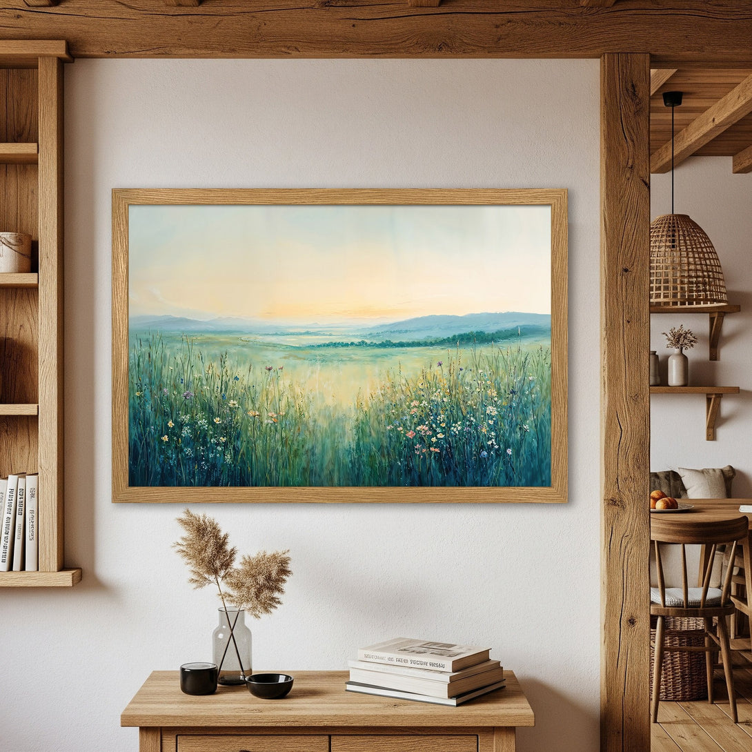 Framed Poster of a serene landscape painting. Soft, impressionistic style with a calming blue and green color palette. Perfect for home decor.
