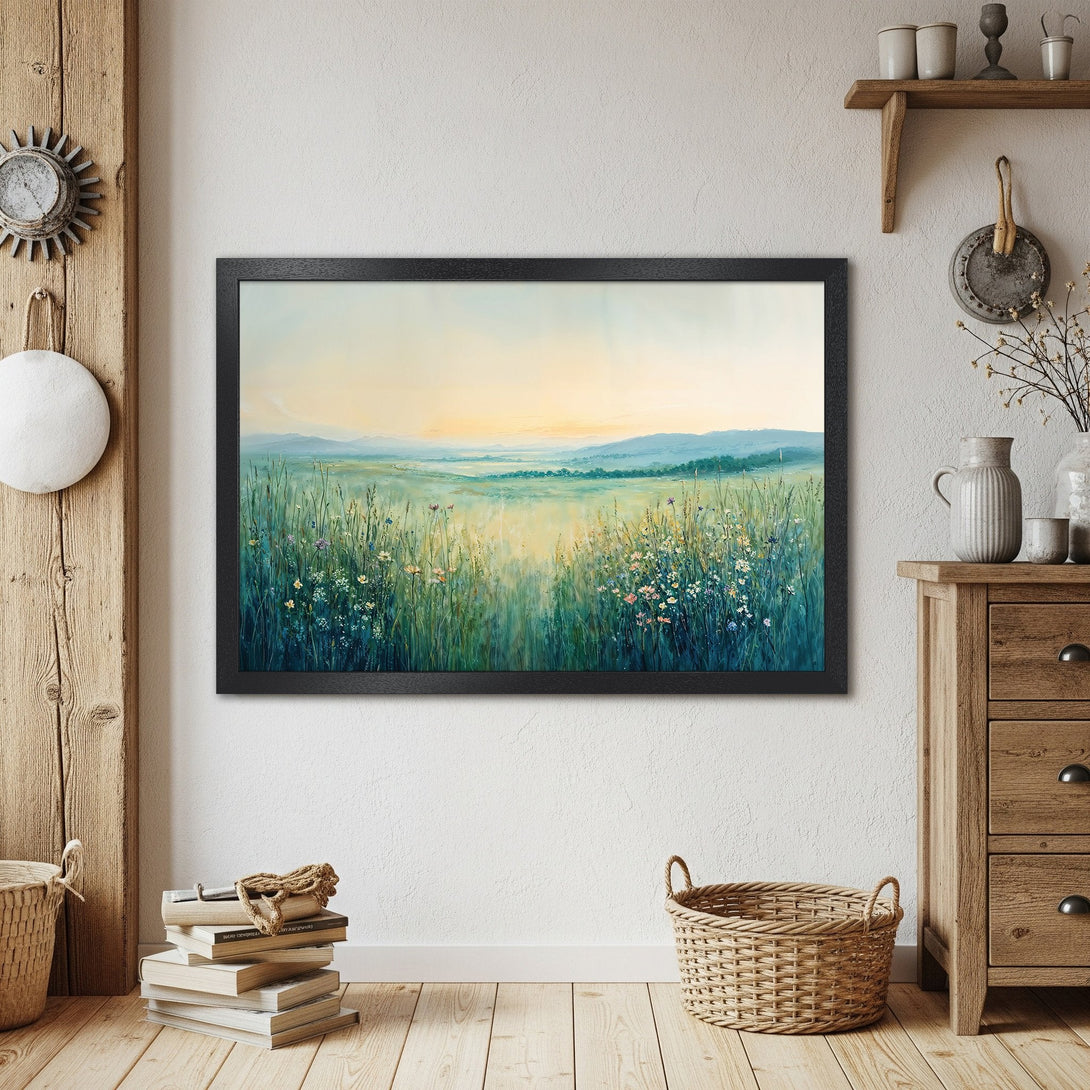 Framed Poster featuring a serene landscape painting. Soft, impressionistic style with a calming blue and green color palette. Perfect wall art!