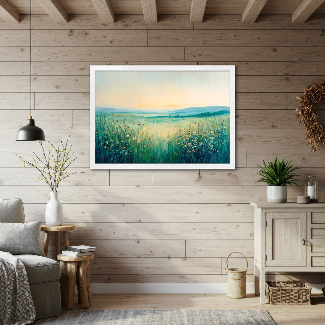 Framed Poster of a serene meadow scene, watercolor style in a calming blue, green, and yellow palette. Bring nature indoors!