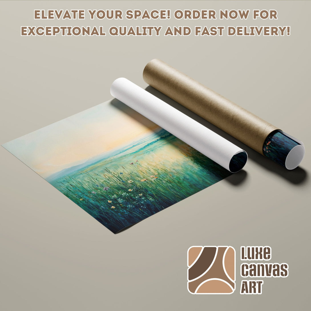 Poster Roll of a serene landscape painting in green, blue, and yellow tones. Elevate your space!
