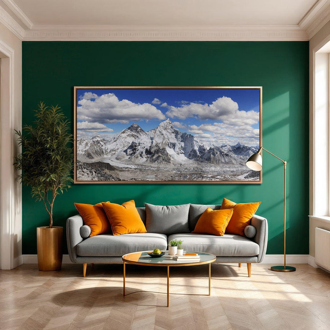 Framed Wall Art of a majestic mountain range. Earthy tones of blue, white, and brown create a stunning landscape. Perfect for adding a touch of nature to your home.