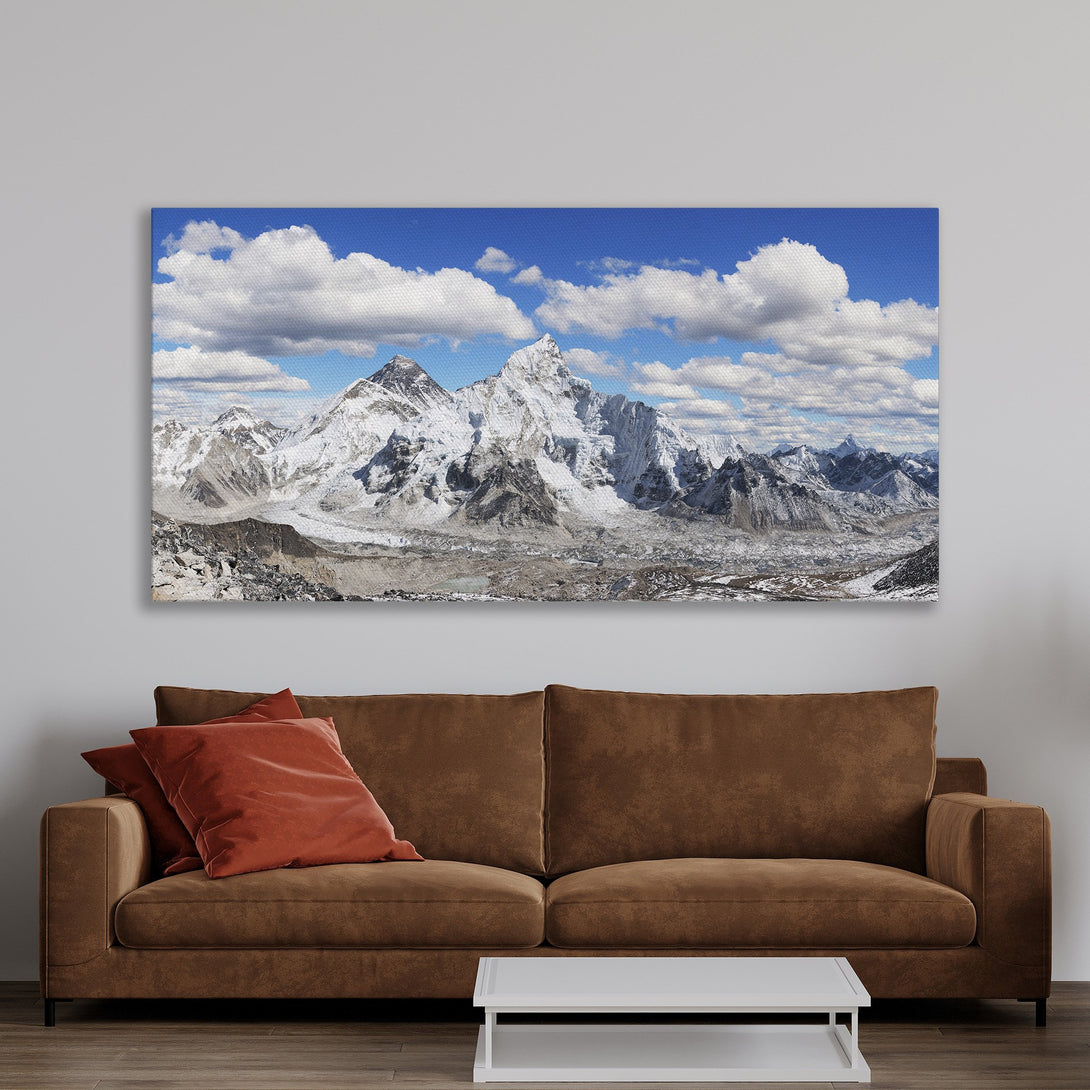 Framed Wall Art: Majestic mountain landscape Canvas Print. Stunning blue sky, white snow, and neutral tones create a serene, modern aesthetic for your home.