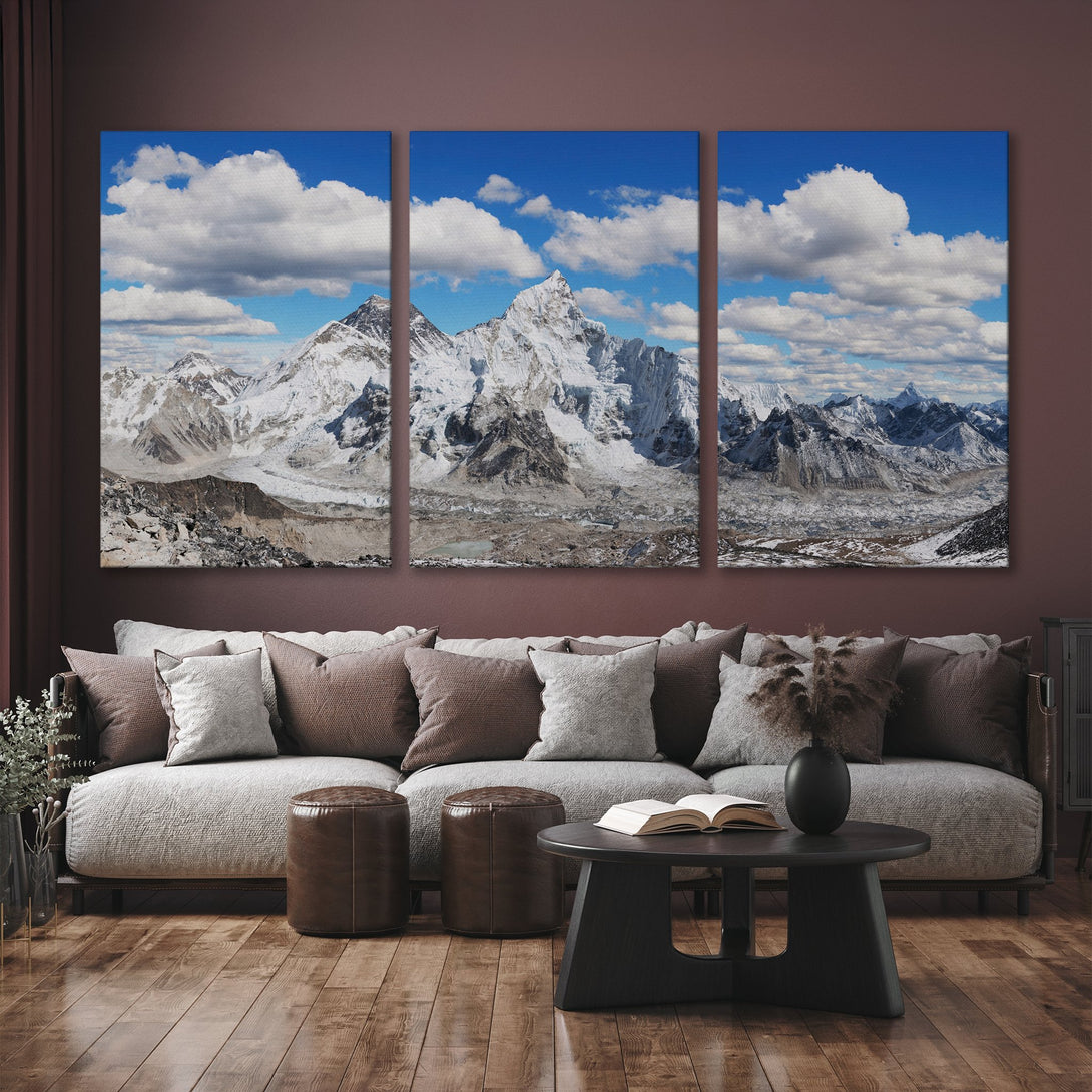 Canvas Print of majestic snow-capped mountains against a blue sky. Modern wall art in cool tones, perfect for any interior.