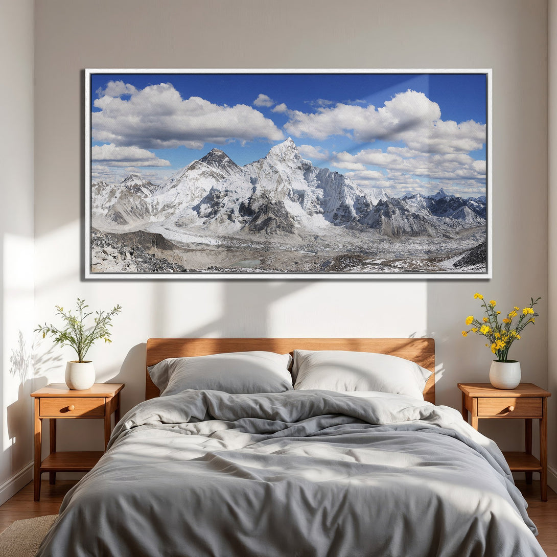 Framed Wall Art: Majestic mountain landscape Canvas Print in cool blue, white & grey tones. Perfect for bedroom decor!