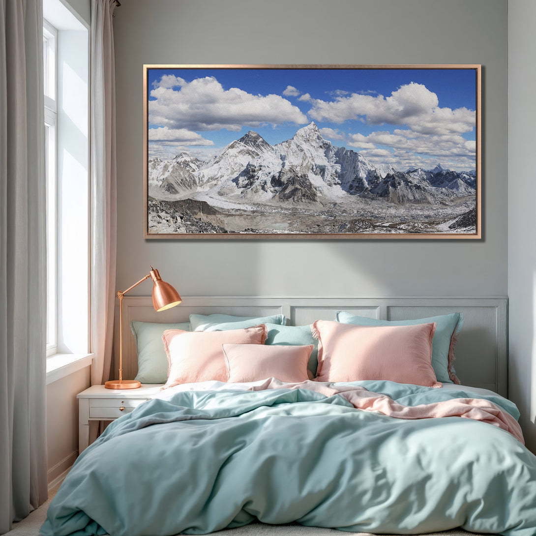 Framed Wall Art of majestic mountain range with blue sky & clouds. Modern bedroom decor with a calming pastel color palette. Canvas Print.