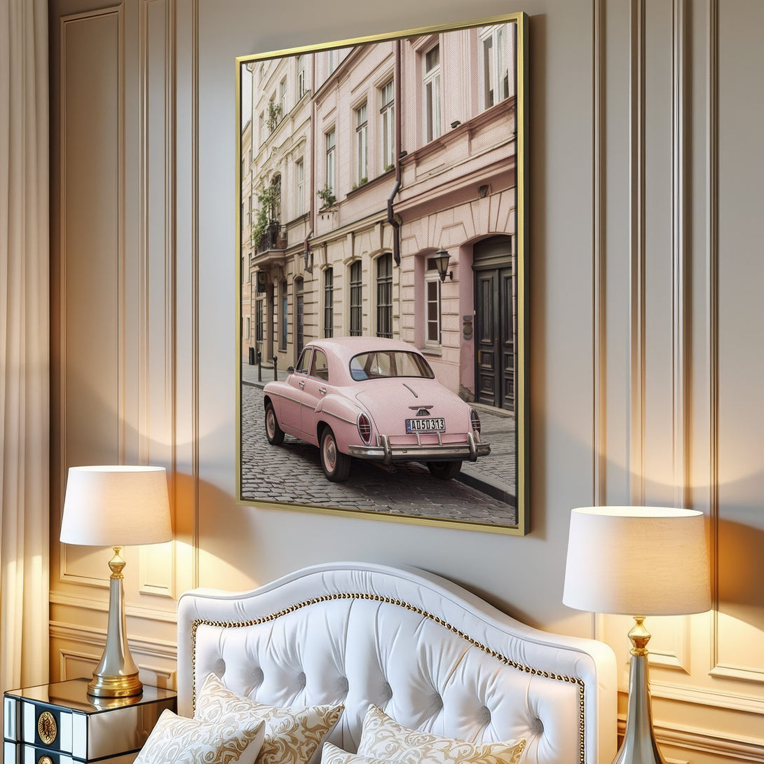 Canvas Print of a vintage pink car on a European street. Pastel color palette adds a touch of elegance to any space. Perfect wall art!
