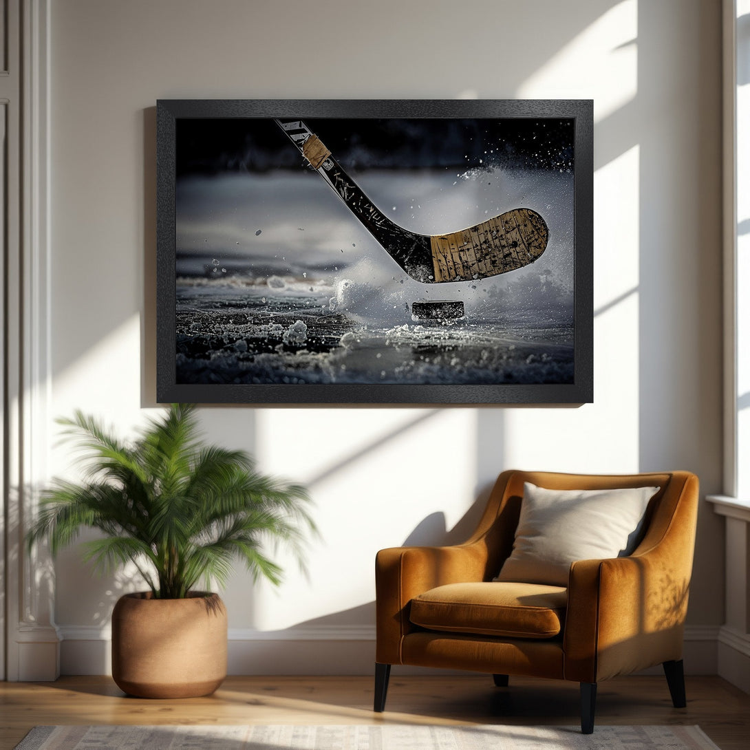 Framed Poster of hockey action, dramatic style with black, white, and gold tones. Perfect for sports fans!