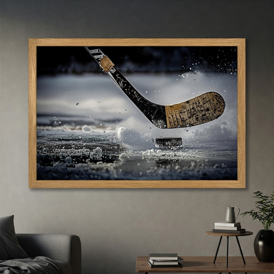 Framed Poster of hockey action. Dramatic, action shot with a neutral color palette. Perfect for sports fans!