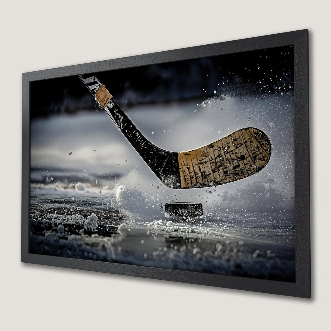 Framed Poster of hockey action, grayscale with pops of wood tones. Capture the thrill!