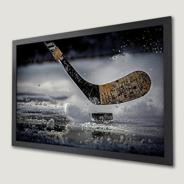 Framed Poster of hockey action, grayscale with pops of wood tones. Capture the thrill!