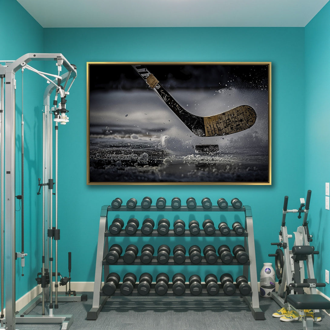 Canvas Print of hockey action, grayscale with a splash of color, displayed in a modern interior. Perfect wall art for sports fans.