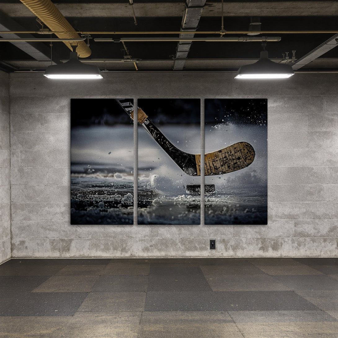 Dynamic hockey action Canvas Print in grayscale, perfect for sports fans. Modern wall art with a cool, neutral palette.