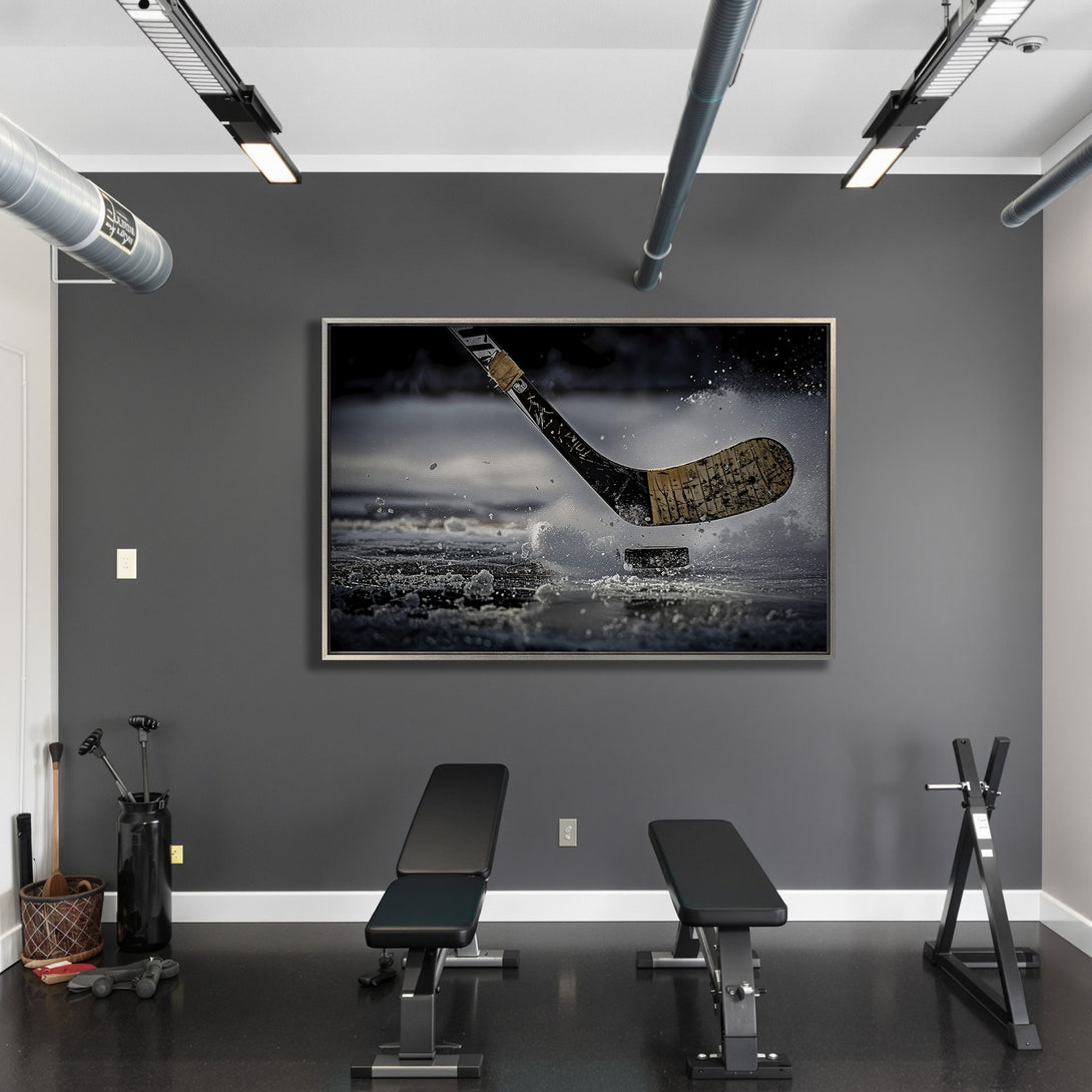 Framed Wall Art: Hockey action in a modern gym. Dramatic black & white sports photography Canvas Print with neutral gray and black color palette.