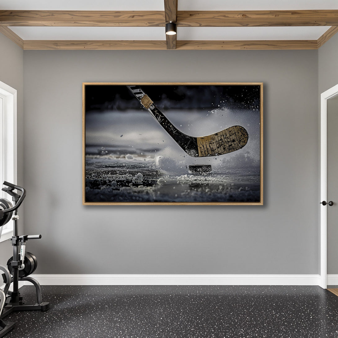 Framed Wall Art: Dynamic hockey action canvas print in a neutral color palette. Perfect for sports fans, adds a modern touch to any room.