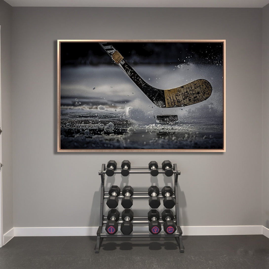Framed Wall Art: Dramatic hockey action Canvas Print in grayscale. Perfect for sports fans! Adds a dynamic touch to any room.