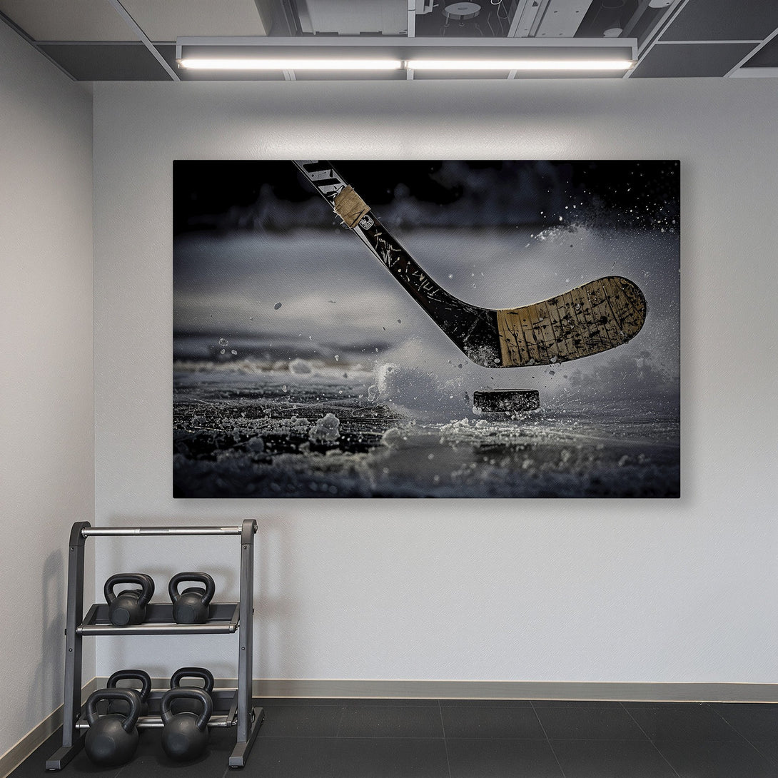 Framed Wall Art: Hockey action canvas print in a modern gym. Black, white, and gold color palette. Elevate your space with dynamic sports art.
