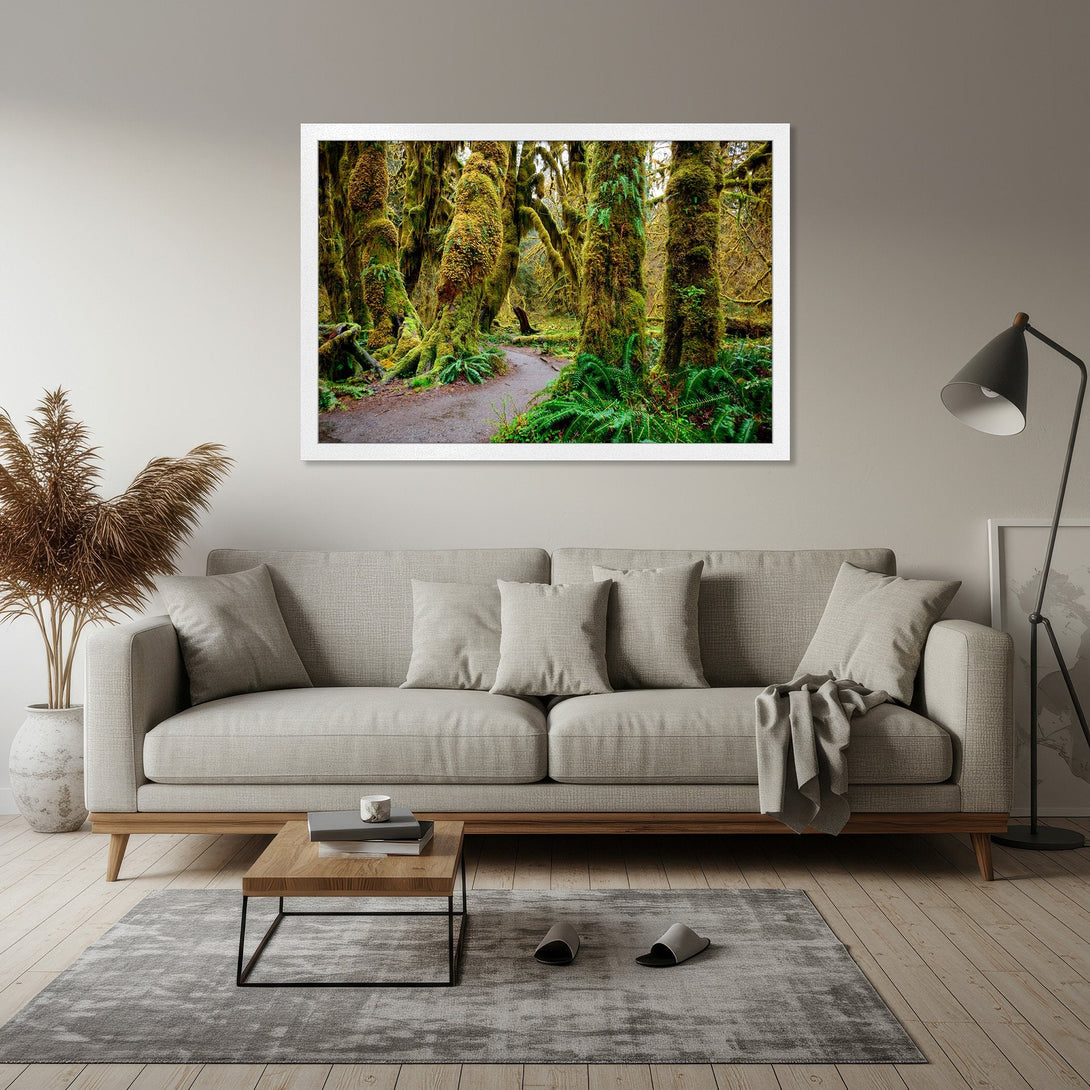 Framed Poster of a lush forest scene with vibrant green moss and a pathway. Nature-inspired art in a warm, inviting color palette.
