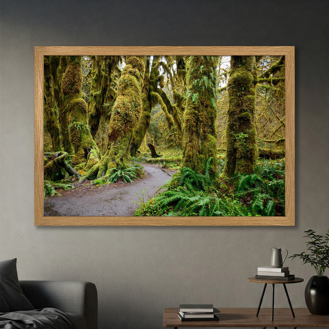 Framed Poster of a lush forest path. Nature photography in vibrant green and earth tones. Bring the outdoors in!