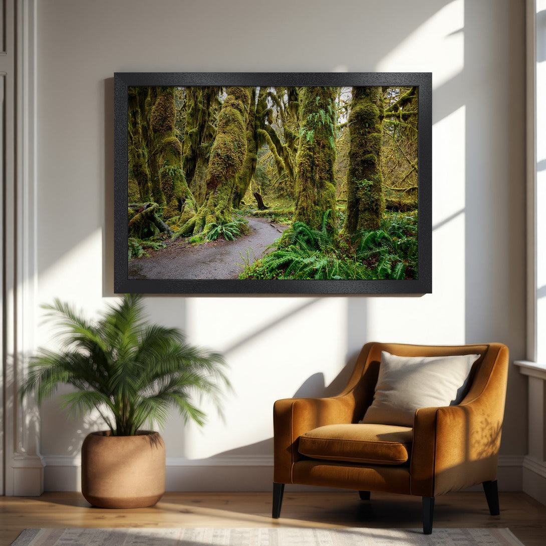 Framed Poster of lush green forest scene, nature photography. Earthy tones, perfect for home decor.
