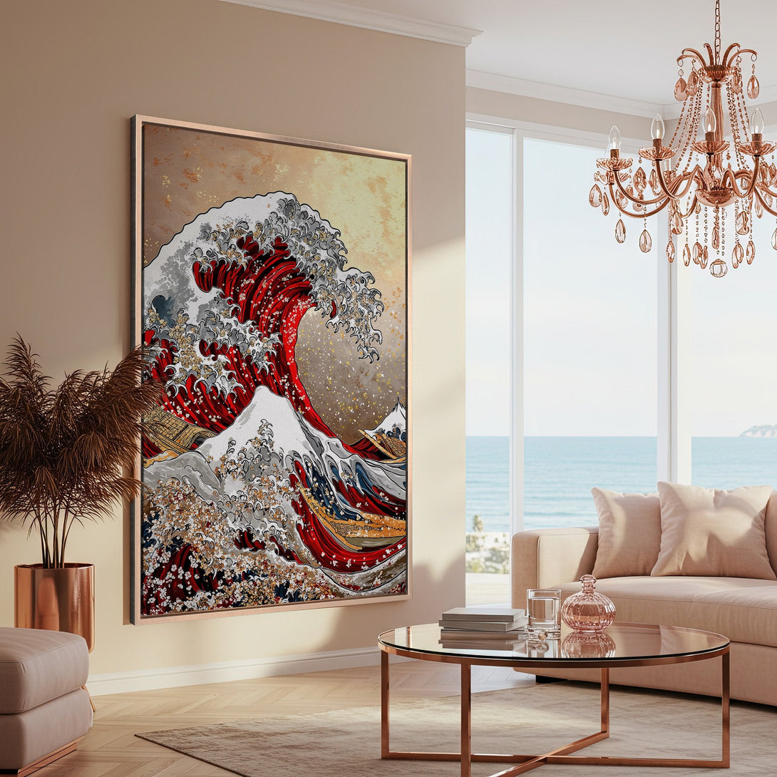 Framed Wall Art: Japanese wave canvas print in a modern interior. Featuring a red, gold, and gray color palette. Perfect for adding art to your home!