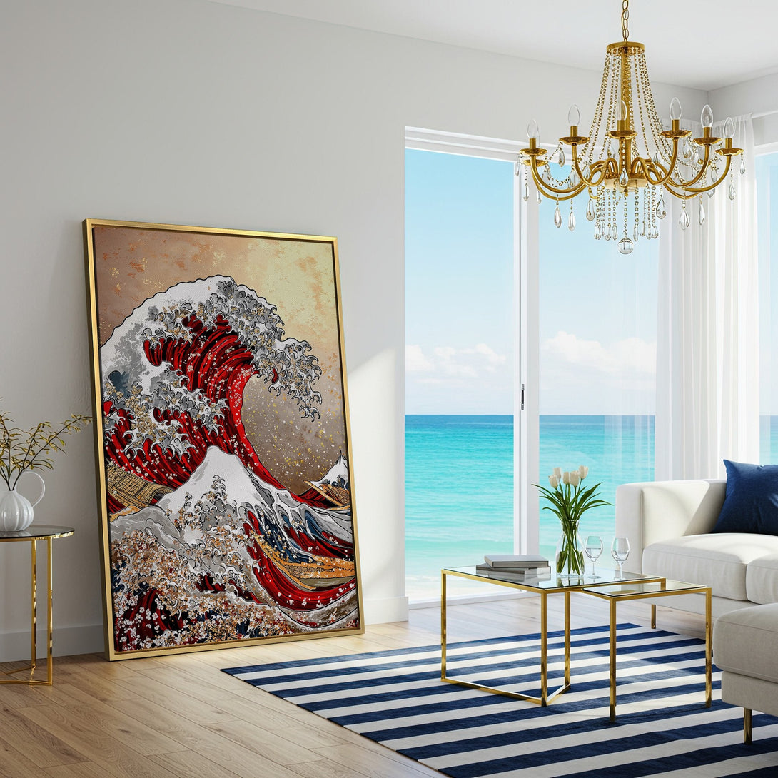 Canvas Print of Japanese wave art in red, white, and gold. Perfect wall art for a modern living room. Shop now!