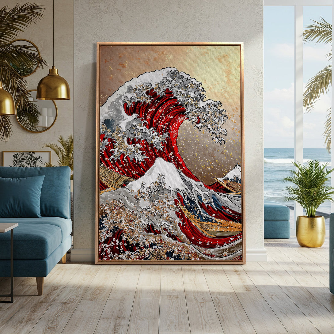 Framed Wall Art featuring a vibrant Japanese wave design. This Canvas Print adds a pop of color with its red, gold, and blue palette, perfect for any living space.