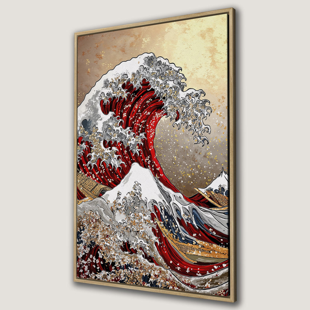 Framed Wall Art: Japanese wave art print. Bold red, white, and gold colors in a classic ukiyo-e style. Perfect for adding a touch of zen to your home decor.