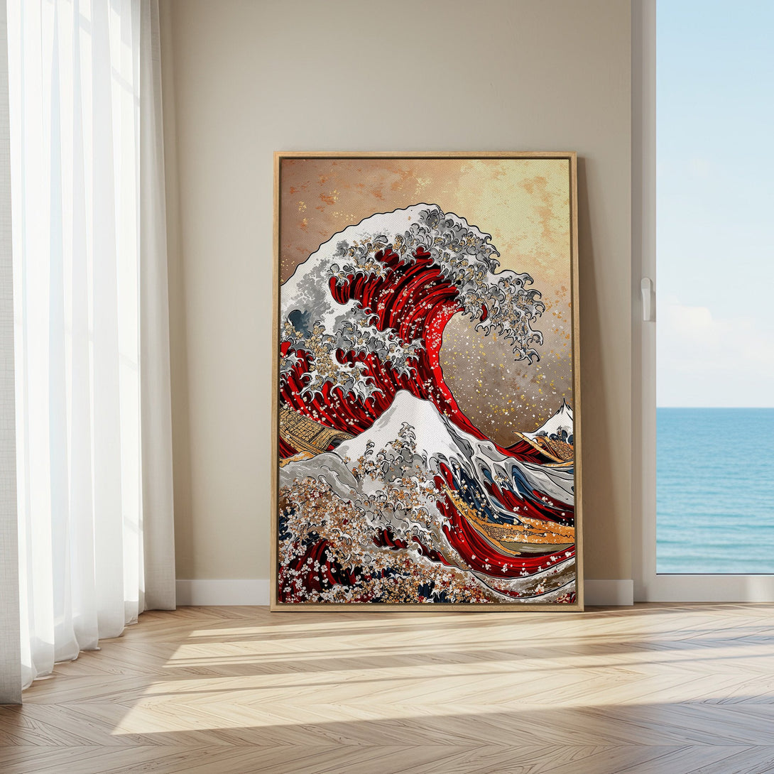 Framed Wall Art featuring a Japanese wave design in red, gold, and gray tones. Perfect for adding a touch of art to any room.