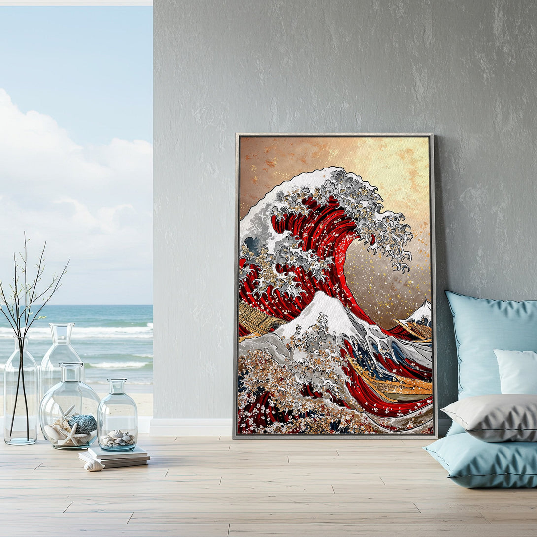 Framed Wall Art: Japanese wave art print in red, grey, and gold. Coastal decor inspiration for your home. Shop now for stunning wall art!